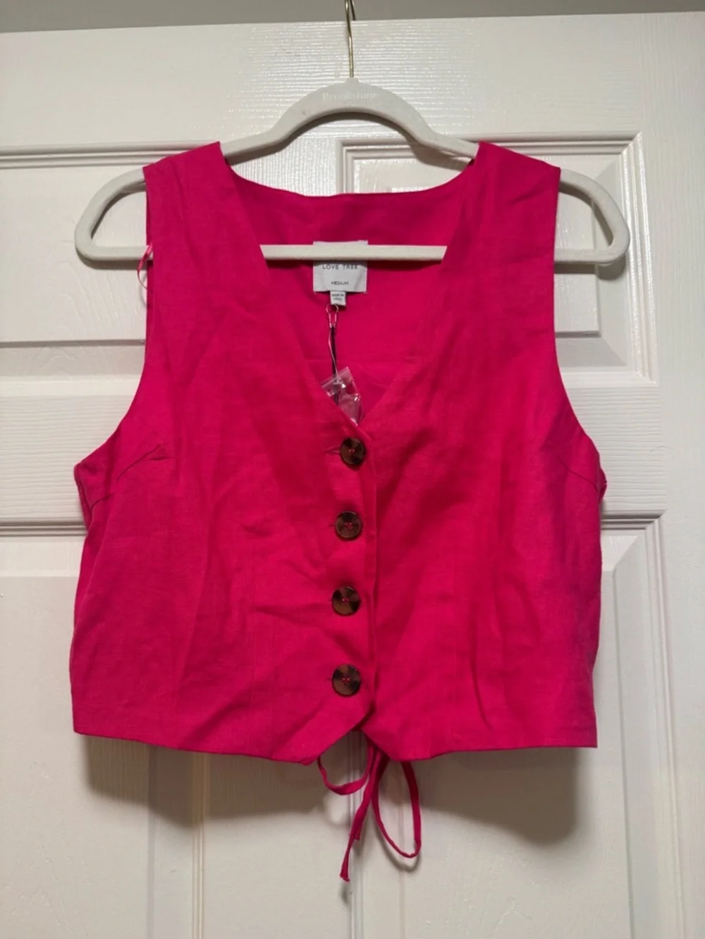 Love Tree Hot Pink Linen Blend V-Neck Button Vest - Picture 3 of 8